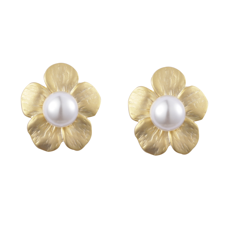 时尚哑光镀金色珍珠花朵耳环