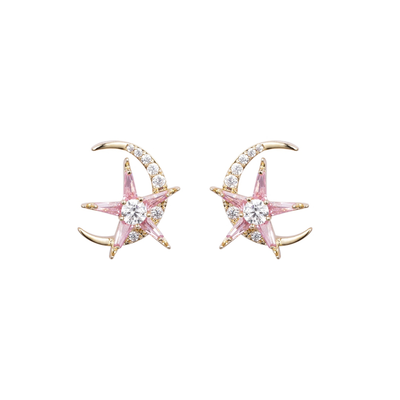 可爱的月亮和星星粉色方晶锆石耳环低最小起订量面议价格