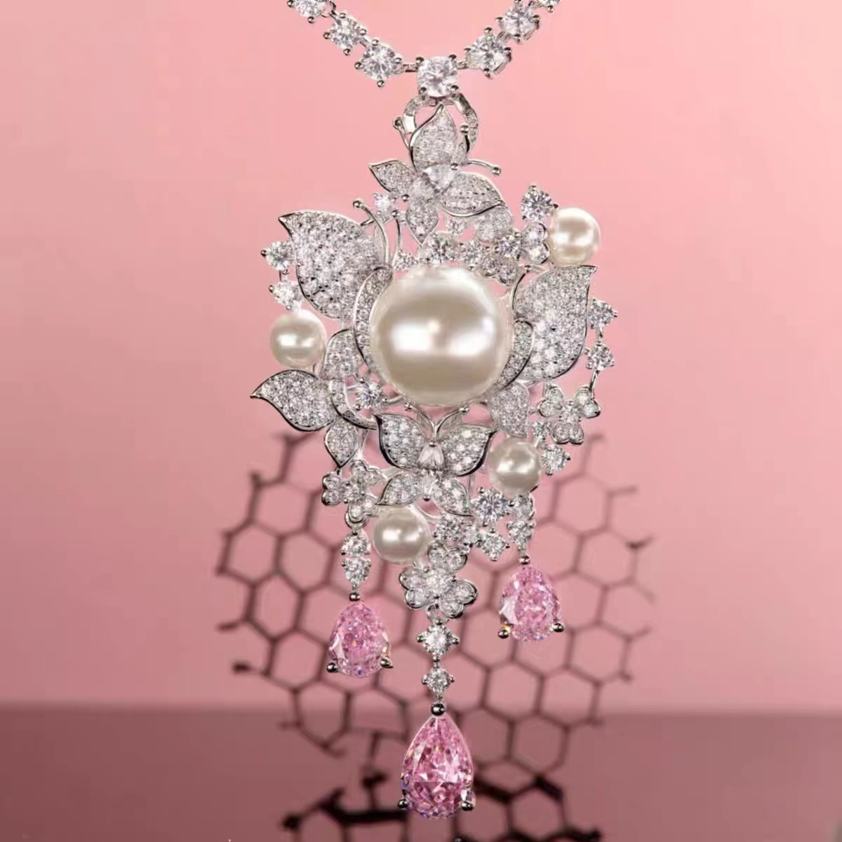 珍珠吊坠小号粉色宝石项链 NTB020