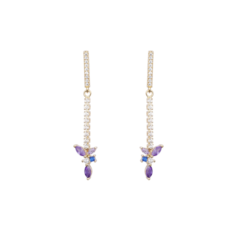 优雅紫色兰花方晶锆石耳环 14k 镀金