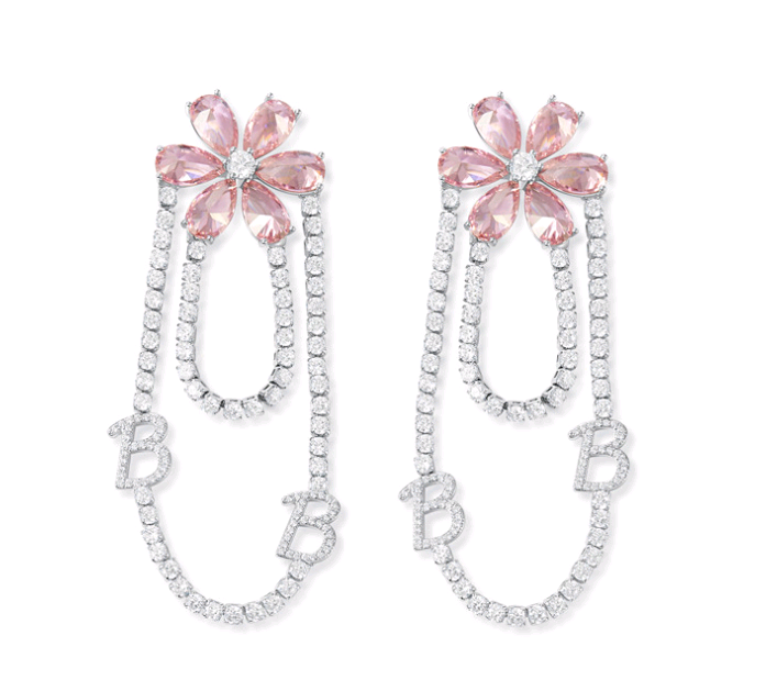 两层链粉色花朵锆石耳环ETB057